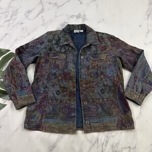 Chicos Vintage Y2k Floral Denim Jacket Size 1 S Blue Pink Paisley Jean